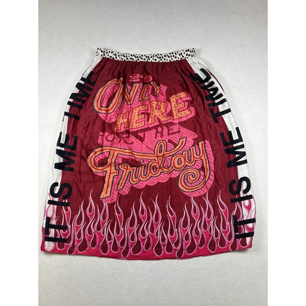 ME369 Hailey Fire Skirt Graphic Midi Only Here for Friday Flame Print M/L Satin